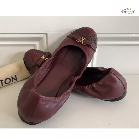 Authentic Louis Vuitton Maroon Leather Reptile Toe Bow Scrunch Ballet Flats 6.5 - Picture 9 of 10